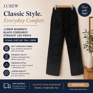 J.Crew Women's Black Corduroy Straight Leg Pants CC446 Size 26T‎ Tall New